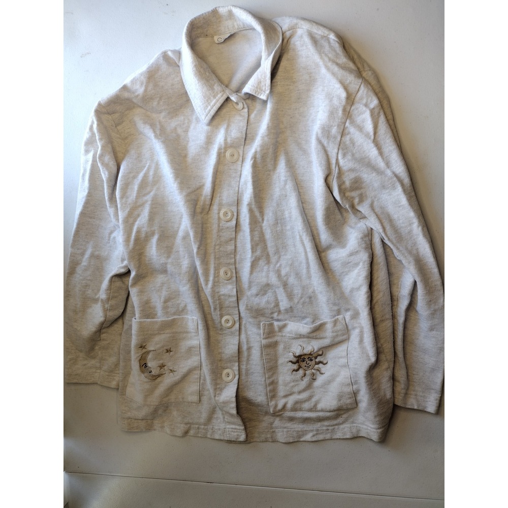 Cite Vintage Celestial Sun Moon Embroidered Button Front Cardigan Heather Grey